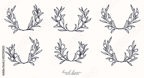 floral wreath olive Branch for olive oil logo or olive icon, hand drawn olive branch botanical herbs elements in vector format, floral olive frame