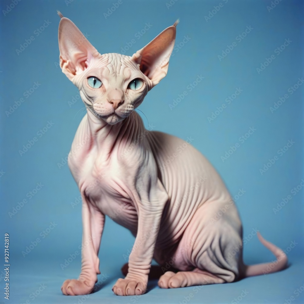 Portrait of a light Sphynx cat with big eyes on blue background Portrait of a light Sphynx cat with big eyes on blue background