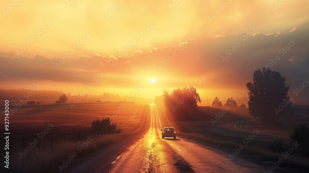 the car on the road at sunrise the car on the road at sunrise