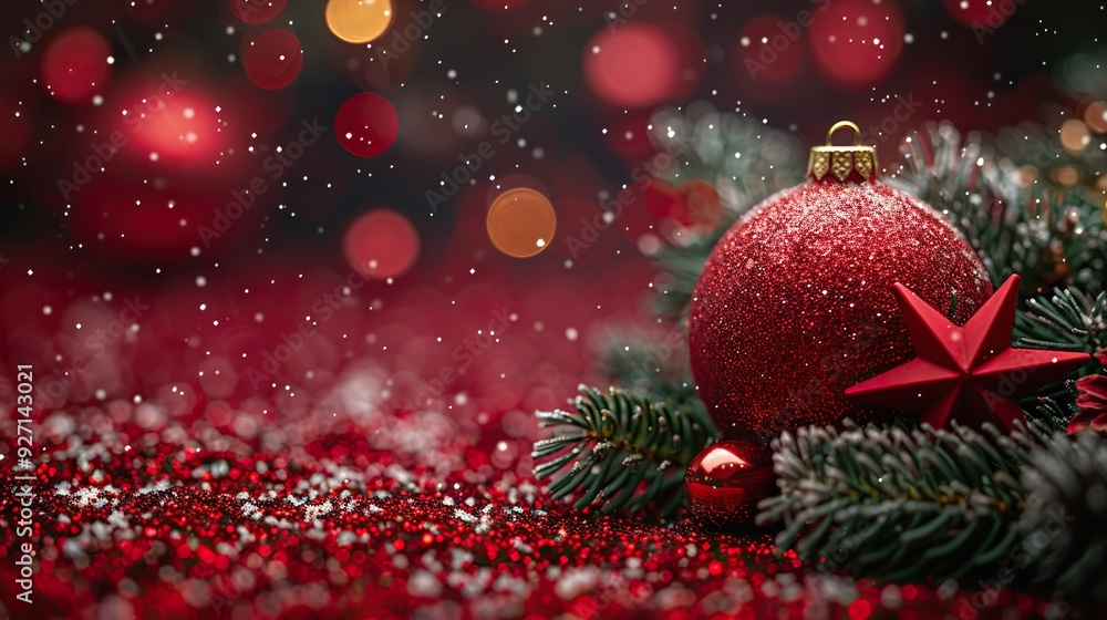 The Christmas banner includes a tree branch, decorative copper ball, and star on a red background for a wide xmas banner mockup and header flyer. The Christmas banner includes a tree branch, decorative copper ball, and star on a red background for a wide xmas banner mockup and header flyer.