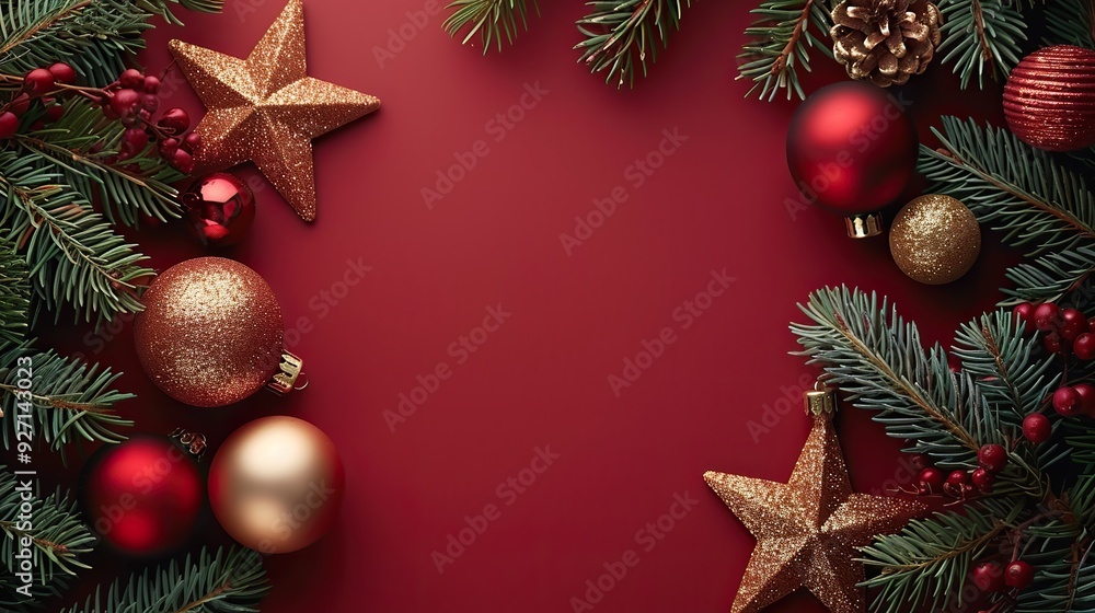 The Christmas banner includes a tree branch, decorative copper ball, and star on a red background for a wide xmas banner mockup and header flyer. The Christmas banner includes a tree branch, decorative copper ball, and star on a red background for a wide xmas banner mockup and header flyer.