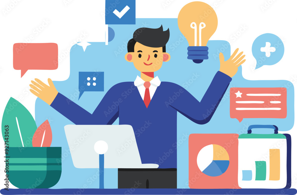 A business professional engages with charts and icons while surrounded by plants. A business professional engages with charts and icons while surrounded by plants.