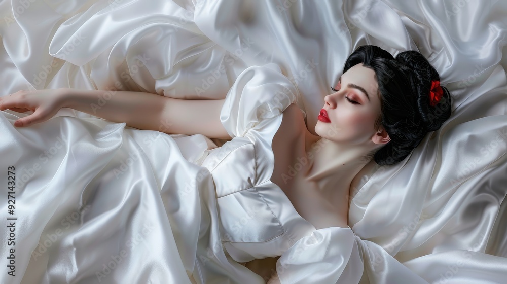 A woman with dark hair and red lips is asleep on a bed of white sheets, wearing a white dress with a ruffled neckline and a single red flower in her hair. Her arm is outstretched and resting on the sh A woman with dark hair and red lips is asleep on a bed of white sheets, wearing a white dress with a ruffled neckline and a single red flower in her hair. Her arm is outstretched and resting on the sh
