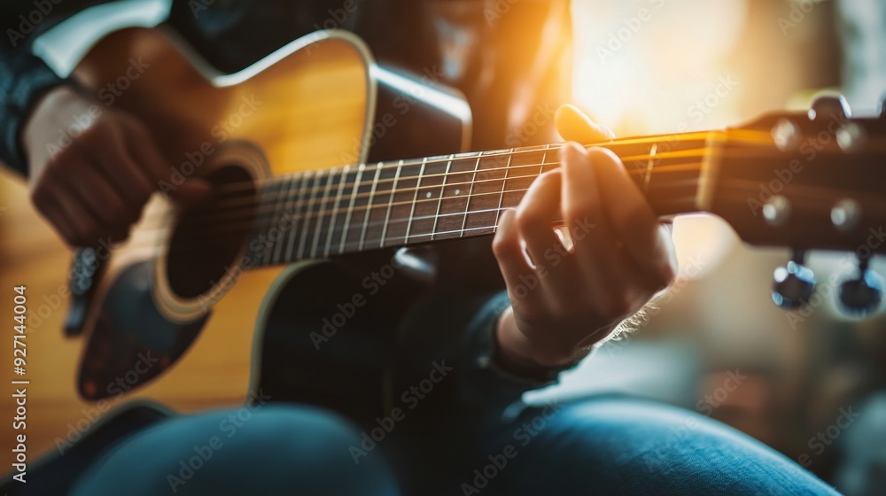 Obraz premium Acoustic Guitarist's Hands: Close-Up Shot, Intricate Fingerwork