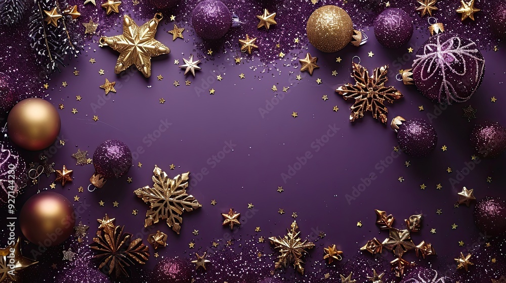 Fototapeta premium The luxury gold Christmas decorations on a purple background include golden stars, snowflakes, baubles, and confetti for a top view xmas greeting card design.