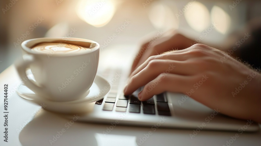 Coffee Break Productivity: Close-up of Hands Typing on Laptop Coffee Break Productivity: Close-up of Hands Typing on Laptop