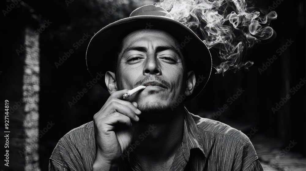 A confident man enjoying a cigarette, exuding a mysterious vibe amidst swirling smoke in a classic black and white portrait. A confident man enjoying a cigarette, exuding a mysterious vibe amidst swirling smoke in a classic black and white portrait.