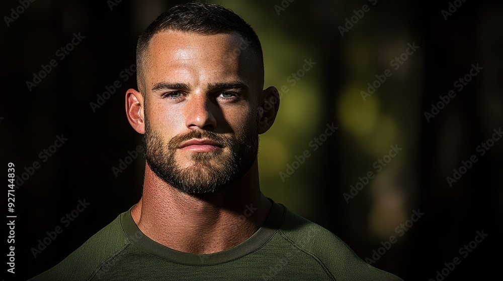 Obraz premium A confident man with a beard stands in a forest, showcasing strength and determination in a natural setting.