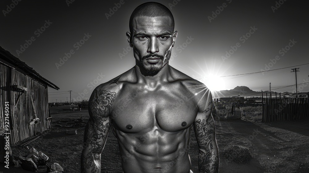 A powerful black and white portrait of a muscular man with tattoos, standing against a dramatic sunset backdrop. A powerful black and white portrait of a muscular man with tattoos, standing against a dramatic sunset backdrop.