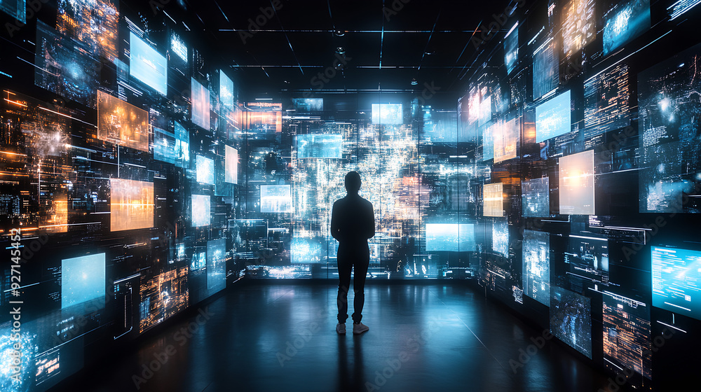 A person in a black room surrounded by futuristic vision A person in a black room surrounded by futuristic vision