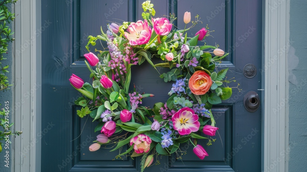 A vibrant spring wreath, composed of pink tulips, purple flowers, and green leaves, hangs on a blue front door. The wreath is a cheerful addition to the entrance of a home, welcoming visitors with its A vibrant spring wreath, composed of pink tulips, purple flowers, and green leaves, hangs on a blue front door. The wreath is a cheerful addition to the entrance of a home, welcoming visitors with its