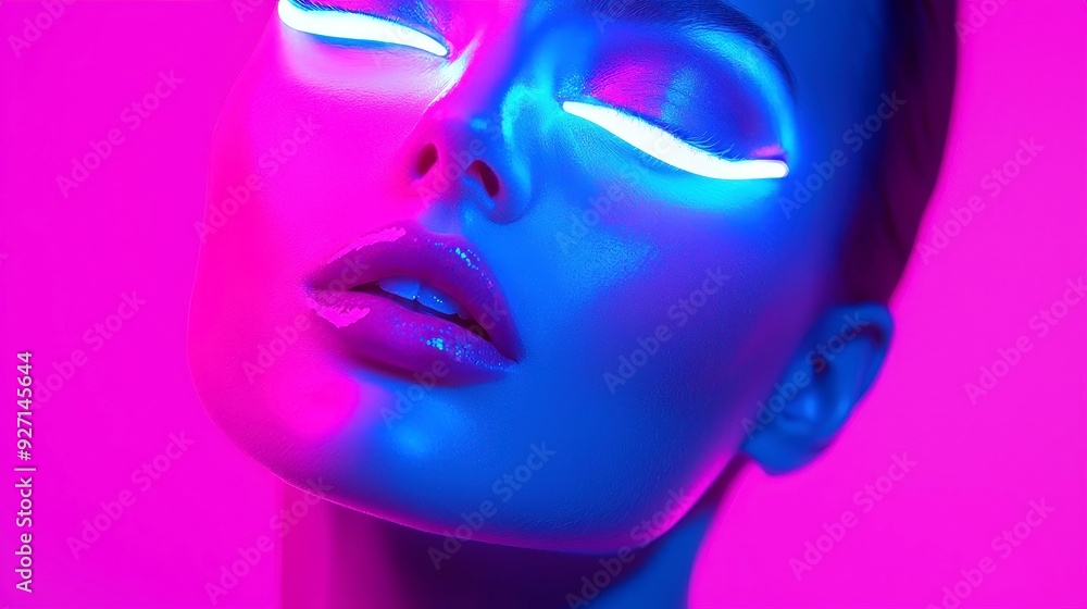 Radiant Glow of Dual-Toned Lights on Woman's Face, captivating interplay of blue and pink hues, highlighting features in a vibrant, artistic expression of color and light. Radiant Glow of Dual-Toned Lights on Woman's Face, captivating interplay of blue and pink hues, highlighting features in a vibrant, artistic expression of color and light.