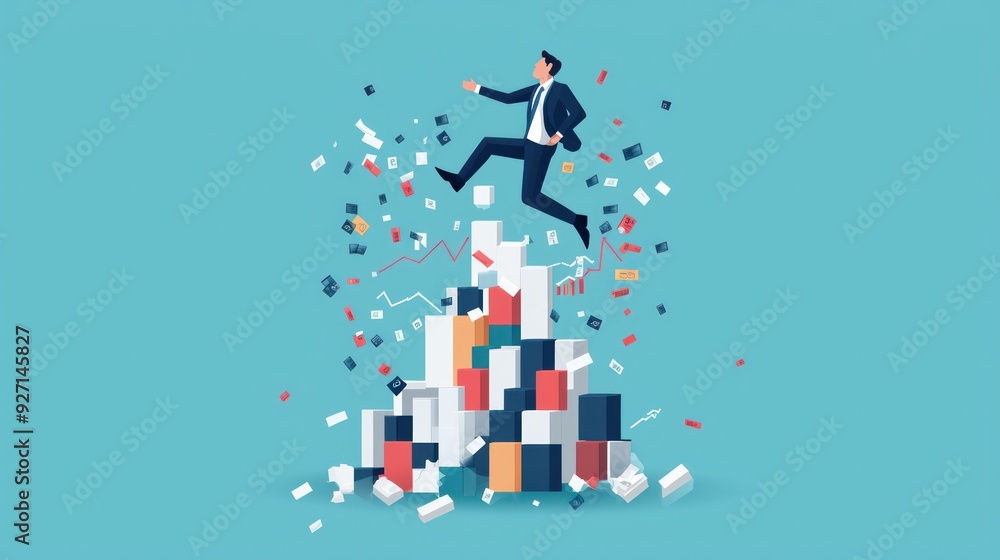 Escaping Financial Crisis - Flat Design of Businessperson Fleeing Collapsing Building of Charts in Complementary Colors, Generative Ai Escaping Financial Crisis - Flat Design of Businessperson Fleeing Collapsing Building of Charts in Complementary Colors, Generative Ai