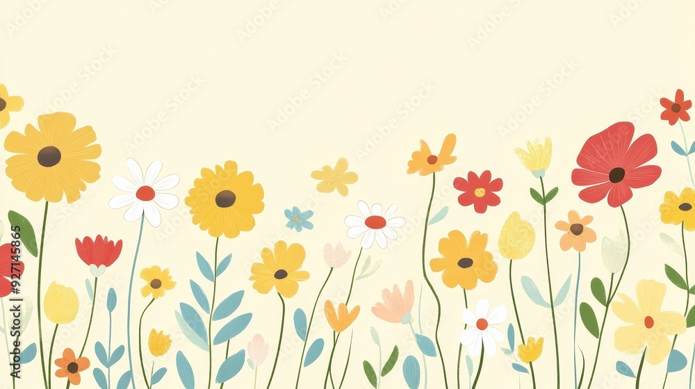 A colorful illustration of various flowers against a light background.