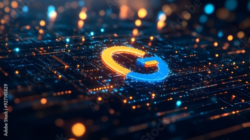 3D search engine logo surrounded by swirling data streams