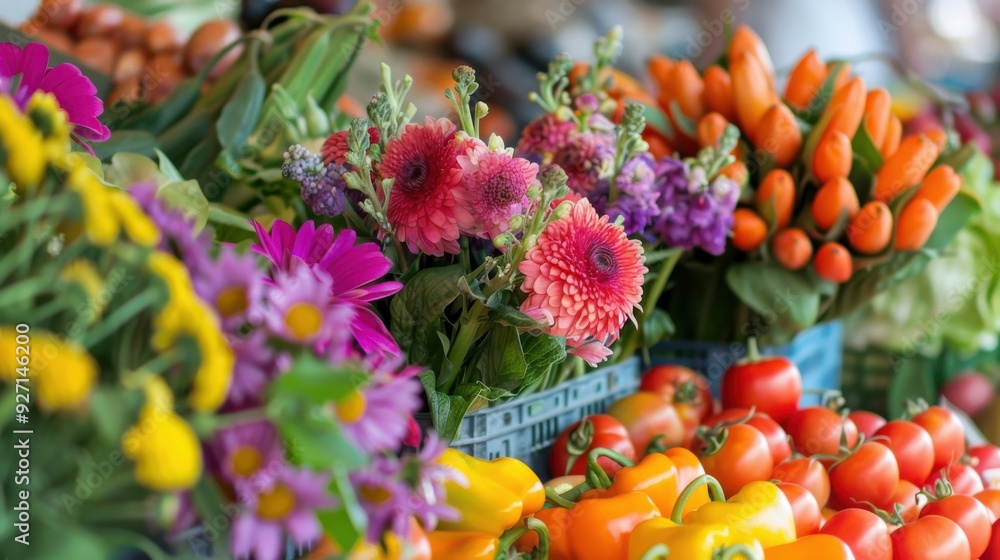 A vibrant display of flowers and fresh produce at a farmer's market. Yellow, pink, and purple flowers stand tall in the foreground, while a selection of red tomatoes, orange peppers, and smaller orang A vibrant display of flowers and fresh produce at a farmer's market. Yellow, pink, and purple flowers stand tall in the foreground, while a selection of red tomatoes, orange peppers, and smaller orang