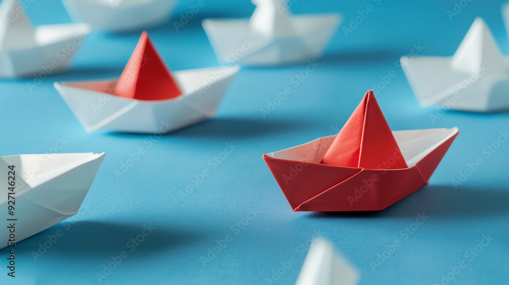 a group of paper boats, with one red boat standing out from the white ones. a group of paper boats, with one red boat standing out from the white ones.