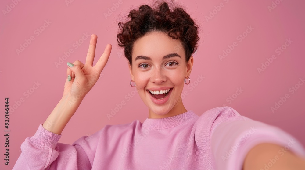 Cheerful Young Woman Gesturing Peace Sign Against Pink Background Cheerful Young Woman Gesturing Peace Sign Against Pink Background