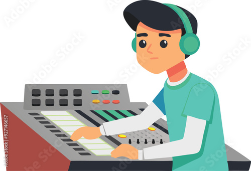 A young engineer adjusts sound levels on a mixing console while wearing headphones in a recording studio.