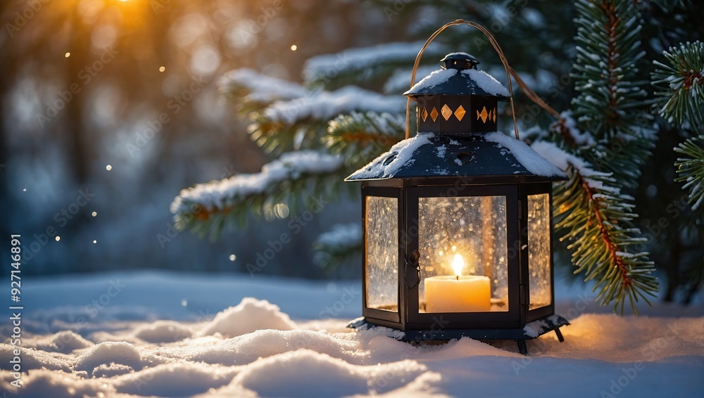 Christmas Lantern On Snow With Fir Branch in the Sunlight. Winter Decoration Background Christmas Lantern On Snow With Fir Branch in the Sunlight. Winter Decoration Background