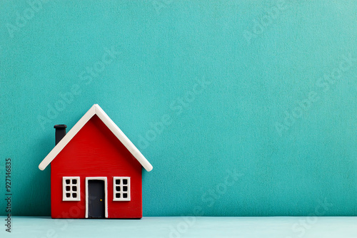 Red toy house against a turquoise background, perfect for concepts of home, family, and playful decor.