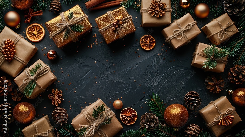 Luxury Christmas gift boxes and decorations are displayed on a black background, providing an elegant Christmas greeting card template and banner mockup. Luxury Christmas gift boxes and decorations are displayed on a black background, providing an elegant Christmas greeting card template and banner mockup.