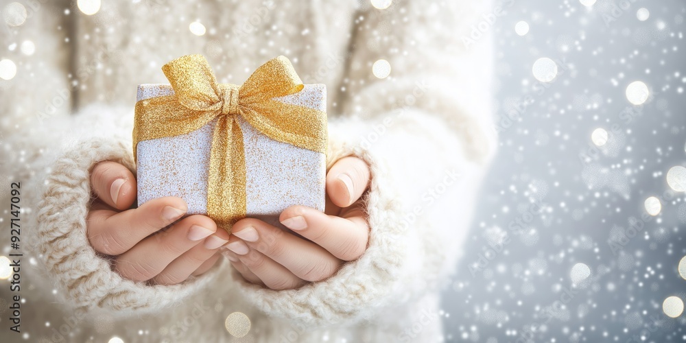 Sparkling Winter Gift in Hands with Golden Bow Sparkling Winter Gift in Hands with Golden Bow