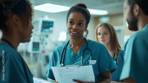 Patient Health Care Stock Photo: Compassionate Medical Team Collaboration in a Bright Hospital Room