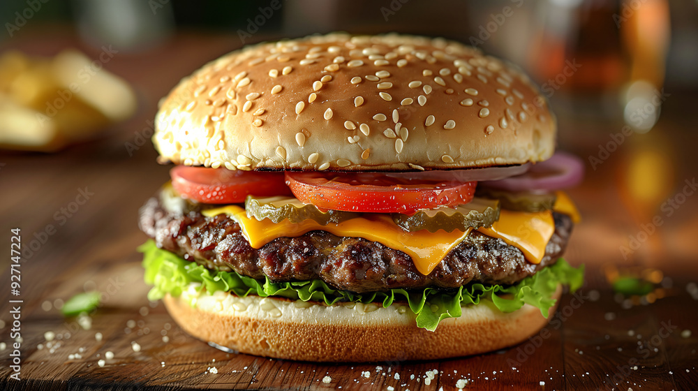 Juicy cheeseburger with melted cheese, crispy bacon, and fresh lettuce is sitting on a wooden surface Juicy cheeseburger with melted cheese, crispy bacon, and fresh lettuce is sitting on a wooden surface