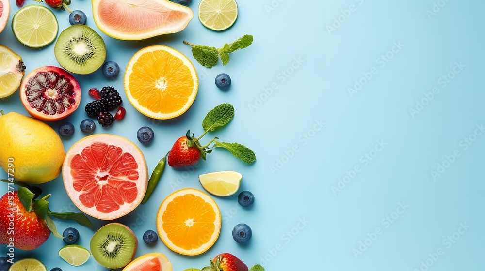Fruits with copy space on light blue background Fruits with copy space on light blue background