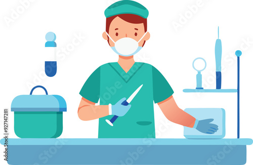 A healthcare professional in scrubs holds a syringe with medical equipment nearby.