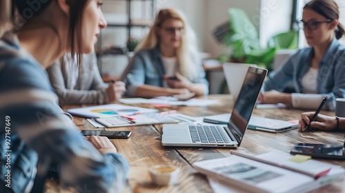 Team of co-workers busy working at office during discussion or business training - concept of communication, startup coordination and woman leadership.