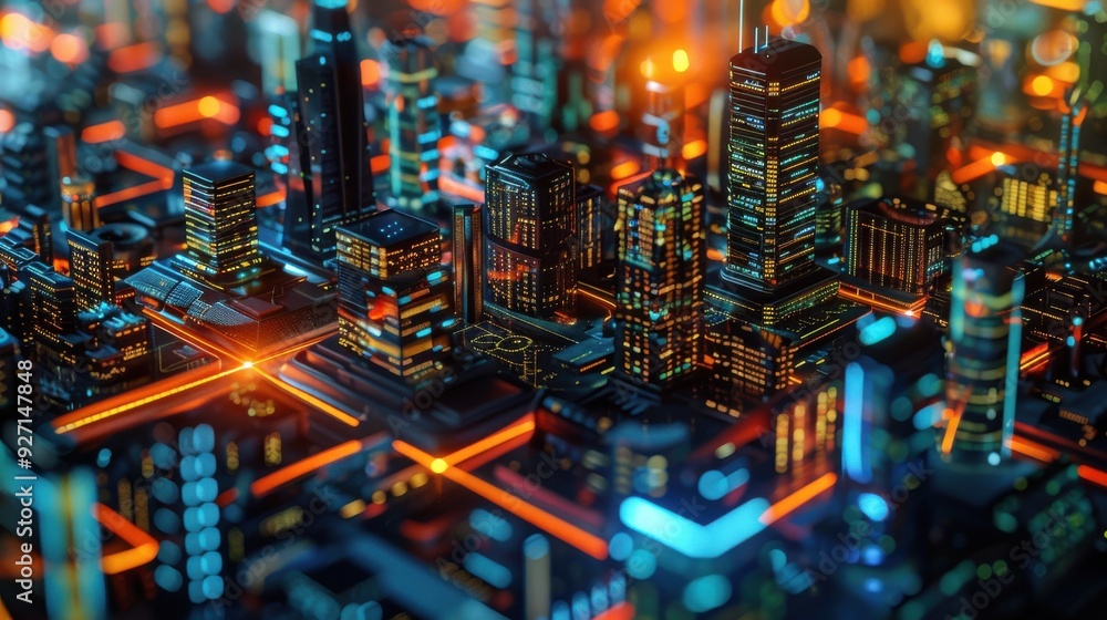 Obraz premium A miniature digital model of a futuristic city, illuminated with bright neon lights. The city is interconnected by glowing roads that create a network of pathways. The buildings are tall and sleek, wi