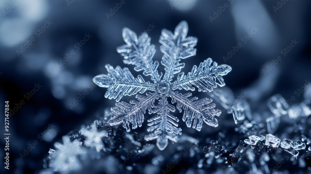 Extreme close-up of a natural snowflake in the winter on a dark background. Generative AI Extreme close-up of a natural snowflake in the winter on a dark background. Generative AI