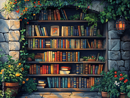 a vintage bookshelf filled with books, potted plants, and sunlight streaming in through a window.