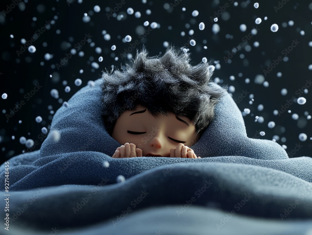 Child sleeping peacefully under blue blanket surrounded by floating particles in a calm nighttime setting Child sleeping peacefully under blue blanket surrounded by floating particles in a calm nighttime setting
