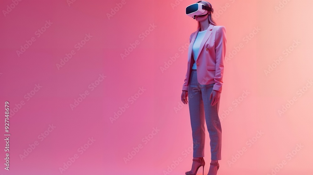 Young businesswoman wearing vr headset to enter the metaverse in office with pastel color background