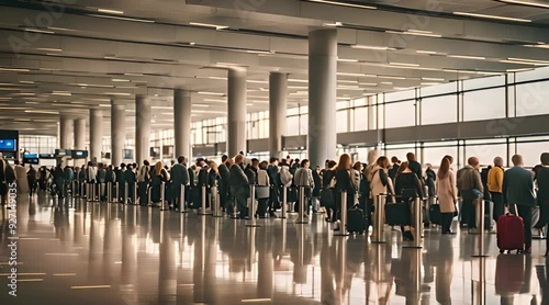 Travelers in Lengthy Queue at Airport During Daytime