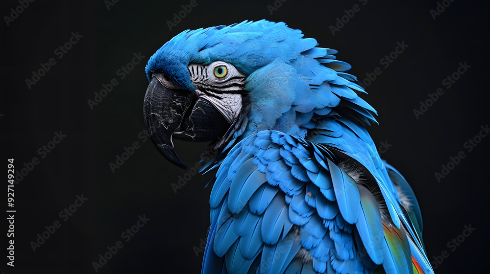 Fototapeta premium Blue macaw parrot illustration artwork with a black background.