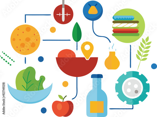 A colorful illustration showcasing food production elements, including ingredients and sustainability icons.