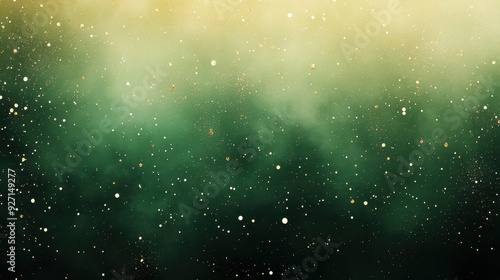 A cosmic background featuring a blend of green and gold hues with scattered stars.