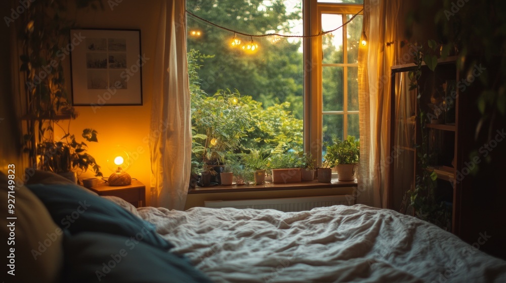 Fototapeta premium Serene Bedroom Oasis: Soft Lighting, Comfy Bed, Garden View