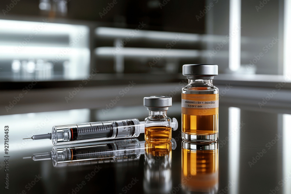 Insulin vials and syringe on reflective surface in medical setting Insulin vials and syringe on reflective surface in medical setting