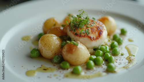 Potatoes and green peas in creamy sauce on the plate