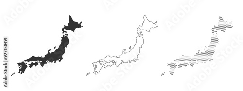 シンプルな日本地図 セット ( ベクター シンプル バリエーション シルエット 線画 ドット )