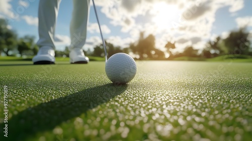 Golfer Lining Up Crucial Putt on Golf Course Green