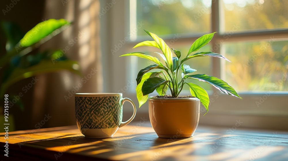 Clear and highly detailed photos show a cup of indoor plants placed on a table near the window. Highlighting the serene atmosphere of the indoor environment Clear and highly detailed photos show a cup of indoor plants placed on a table near the window. Highlighting the serene atmosphere of the indoor environment
