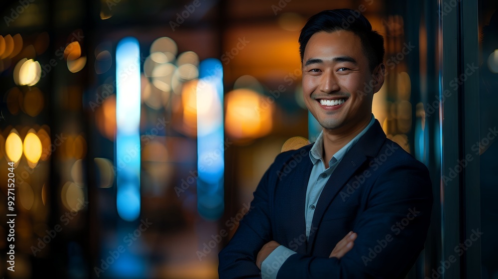 Portrait of happy businessman with arms crossed and smiling standing by nigh Portrait of happy businessman with arms crossed and smiling standing by nigh