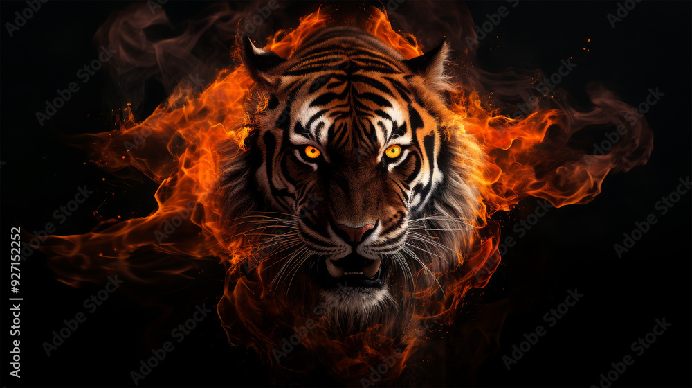burning big tiger looking on background burning big tiger looking on background