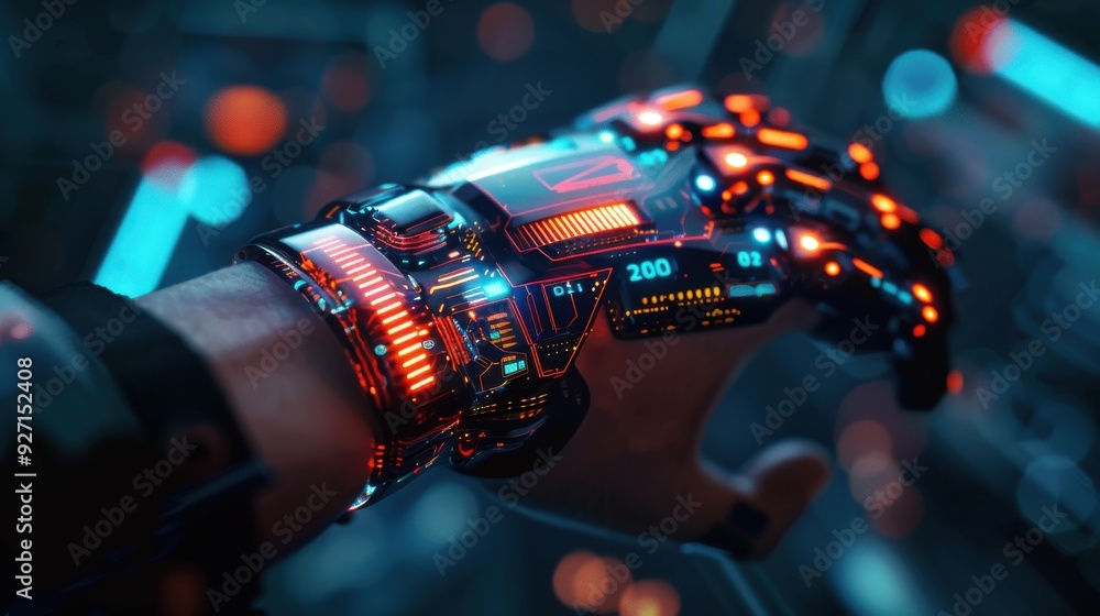 A close-up of a futuristic robotic hand attached to a person's arm. The hand has red and blue lights and is glowing in the dark. The hand is made of metal and has a complex design.
